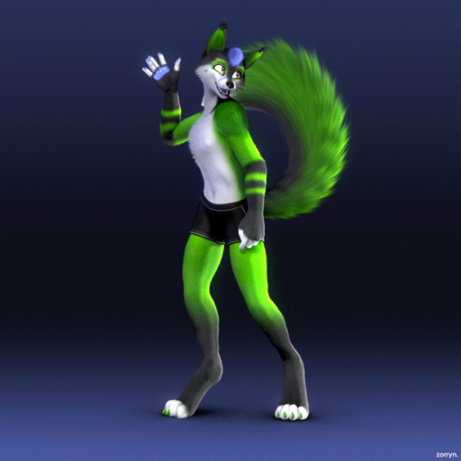 1:1 2016 3d_(artwork) 3d_animation 4_toes 5_fingers animated anthro arms_above_head barefoot biped blinking blue_background blue_hair blue_pawpads blue_tongue bottomwear canid canine claws clothed clothing digital_media_(artwork) digitigrade ear_tuft feet fingers fox fur green_body green_fur hair kazuya looking_back loop male mammal markings open_mouth pawpads purple_hair raised_tail short_playtime shorts signature simple_background smile solo standing teeth toes tongue topless tuft turntable_(animation) white_body white_fur white_markings yellow_eyes zorryn // 700x700 // 9.0MB