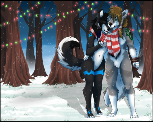 4_toes 5_fingers anthro arm_markings barefoot black_body black_border black_fur black_hair black_nose border breasts brown_hair canid canine canis christmas_lights compass_(artist) cup day duo feet female fingerless_(marking) fingers fur gloves_(marking) grey_body grey_fur hair hand_on_hip holding_cup holding_object leg_markings male mammal markings mostly_nude outside plant scarf scarf_only shared_scarf sky smile snow snowing socks_(marking) standing steam toes tree white_body white_fur wolf // 1200x957 // 1.1MB