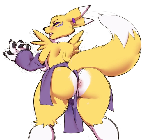 anthro anus bottomwear breasts butt canid clothing colored_sketch digimon digimon_(species) female hi_res loincloth mammal open_mouth renamon solo standing thick_thighs wizzikt // 1819x1711 // 172.2KB