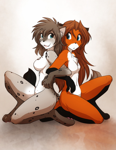anthro back_to_back basitin belly black_body black_fur black_spots blue_eyes breast_size_difference breasts brown_body brown_fur brown_hair canid canine conditional_dnp digitigrade duo entwined_arms featureless_breasts felid female femalefemale fox fur gloves_(marking) gradient_background grey_body grey_fur hair happy hybrid kathrin_vaughan keidran kneeling laura_(twokinds) leg_markings looking_back mammal markings multicolored_body multicolored_fur navel nude open_mouth orange_body orange_fur simple_background small_breasts smile socks_(marking) spots spotted_body spotted_fur tom_fischbach tuft twokinds webcomic webcomic_character white_body white_fur // 850x1100 // 240.3KB