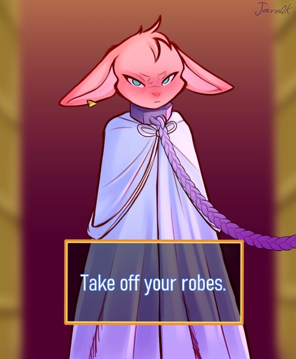 absurd_res anthro blue_eyes blush chained_up clothed clothing dialogue digital_media_(artwork) english_text fur hi_res jarnqk lagomorph leporid link_(rabbit_form) looking_at_viewer male mammal pink_body pink_fur rabbit robe shaded solo text text_box video_games // 2085x2530 // 329.5KB