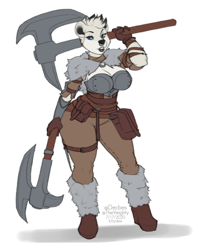 2020 anthro armor axe breasts clothed clothing digital_media_(artwork) facial_piercing female hi_res holding_object holding_weapon kittydee mammal melee_weapon nose_piercing piercing polar_bear septum_piercing solo ursid ursine weapon // 1060x1280 // 506.2KB