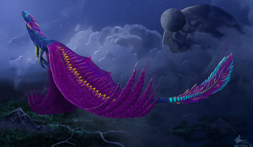 2012 ambiguous_gender detailed_background dragon feathered_dragon feathered_wings feathers hi_res neytirix night outside purple_body purple_feathers sky solo star starry_sky wings // 1701x992 // 868.7KB