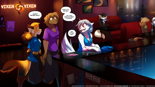 16:9 2018 alcohol anthro bar basitin beverage black_body black_fur blue_eyes blush bodily_fluids breasts brown_body brown_eyes brown_fur canid canine canis chest_tuft cleavage clothed clothing clovis_(twokinds) cocktail conditional_dnp confusion crossgender detailed_background dialogue digital_media_(artwork) digitigrade domestic_dog drinking ear_piercing embarrassed english_text evals eyewear female fox fur glass gloves_(marking) group hair hat headgear headwear hi_res humor hybrid inside jewelry keidran madelyn_adelaide maeve_(twokinds) mammal markings martini mike_(twokinds) mtf_crossgender necklace nervous open_mouth orange_body orange_fur piercing ponytail purse raine_silverlock silhouette sitting smile speech_bubble sunglasses sweat text tom_fischbach tongue tongue_out tuft twokinds url webcomic webcomic_character white_body white_fur widescreen wolf // 1920x1080 // 1.6MB