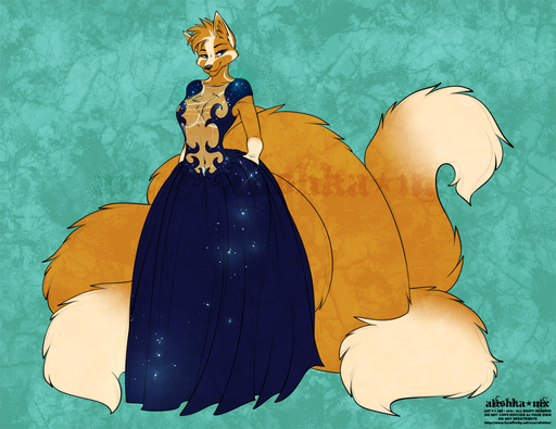 2019 alishka anthro big_tail black_nose blue_eyes breasts brown_body brown_fur canid canine chest_tuft clothed clothing digital_media_(artwork) dipstick_tail distracting_watermark dreamspinner dress female fox fur gluneria_fullin mammal multi_tail multicolored_tail navel orange_body orange_fur simple_background solo standing tuft watermark // 1280x987 // 1.4MB