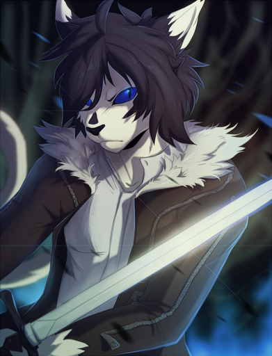 anthro black_hair black_nose blue_eyes clothed clothing dipstick_ears domestic_cat felid feline felis fur hair hioshiru holding_object holding_sword holding_weapon jacket looking_at_viewer mammal melee_weapon multicolored_ears pupils shirt slit_pupils solo sword topwear weapon white_body white_clothing white_fur white_shirt white_topwear // 687x900 // 632.9KB