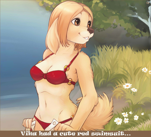 2013 anthro bikini biped blonde_hair breasts brown_eyes brown_nose canid canine canis clothed clothing digital_media_(artwork) domestic_dog female flower fur grass hair hi_res iskra mammal navel outside plant shaded short_hair skimpy smile solo standing swimwear tree undressing water yellow_body yellow_fur // 2100x1900 // 1.1MB