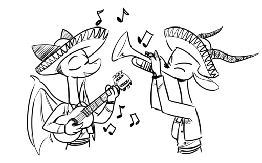 16:10 2019 acoustic_guitar ambiguous_gender antelope anthro black_and_white bovid brass_instrument chico_(fuel) clothed clothing dragon duo eyes_closed facial_markings fuel_(artist) gazelle guitar hat head_markings headgear headwear holding_guitar holding_musical_instrument holding_object holding_trumpet horn malphas_(enginetrap) mammal mariachi markings membrane_(anatomy) membranous_wings monochrome musical_instrument musical_note open_mouth open_smile playing_music plucked_string_instrument simple_background smile sombrero string_instrument trumpet white_background wind_instrument wings // 1280x800 // 98.1KB