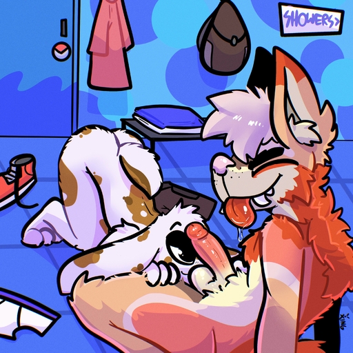absurd_res anthro ass_up balls bedroom_eyes blep bodily_fluids canid canine canis chest_tuft coyote dripping drooling duo ear_tuft erection eyes_closed facial_tuft fangs genitals half-closed_eyes hi_res kneeling kneeling_oral_position lagomorph leporid male malemale mammal narrowed_eyes nude penis pubes rabbit saliva saliva_drip saliva_string seductive smile smirk smug smug_face smug_grin the_xing1 tongue tongue_out tuft // 3000x3000 // 1.6MB