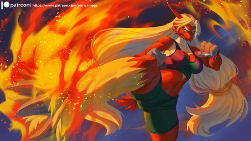 2018 alanscampos anthro avian blaziken blonde_hair blue_eyes breasts cleavage clothed clothing digital_media_(artwork) female fire hair hi_res long_hair non-mammal_breasts pokemon_(species) pose solo text url video_games yellow_sclera // 2100x1181 // 1.3MB