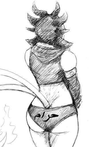 anthro arabic_text armwear bare_shoulders big_butt black_and_white bovid butt caprine caprine_demon clothed clothing demon elbow_gloves female fire gloves goat handwear hi_res hladilnik hood horn mammal midriff monochrome multi_tail panties raised_tail rear_view shay_(hladilnik) simple_background sketch solo text translated underwear white_background // 820x1280 // 891.0KB