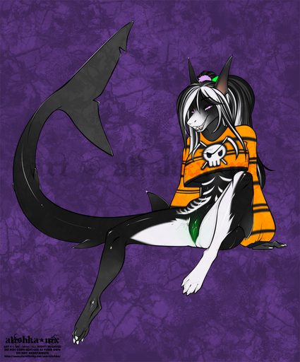 2020 4_toes 5_fingers alishka anthro black_hair digital_media_(artwork) eyebrows eyelashes feet female fingers fish genitals grey_hair hair hi_res marine purple_eyes pussy shark smile solo toes white_hair // 1063x1280 // 1.5MB