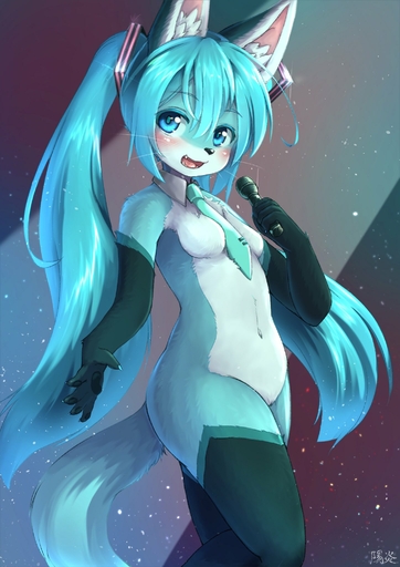 2019 accessory alternate_species anthro black_body black_fur blue_body blue_eyes blue_fur blush breasts canid canine cute_fangs daww featureless_breasts featureless_crotch female fox fur fur_markings furrification hair hair_accessory hair_ribbon hatsune_miku hi_res holding_object kemono long_hair looking_at_viewer mammal markings microphone necktie open_mouth pigtails ribbons shiitakemeshi shirt_collar solo vocaloid white_body white_fur // 1447x2046 // 259.5KB