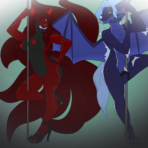 1:1 breasts canid canine canis clothing dancing dragon duo female footwear fox freelapse girly hi_res high_heels horn hybrid male mammal pole pole_dancing shoes simple_background stripper_pole tongue tongue_out wings wolf xeno_(darkfox49) zetal // 1280x1280 // 677.0KB
