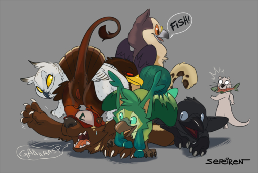 2015 anthro anus avian beak blue_eyes bodily_fluids brown_body brown_fur butt chibi claws conditional_dnp dialogue dog_pile english_text feathered_wings feathers female feral fish fur genitals green_body green_eyes green_fur grey_body grey_fur grey_nose group gryphon gulonine hindpaw lutrine lying male mammal marine mustelid musteline mythological_avian nude on_front open_mouth orange_eyes paws pussy raised_tail reaching red_eyes salmon salmonid_(fish) sefeiren simple_background sitting sockeye_salmon standing surprise sweat sweatdrop text tongue whiskers white_body white_fur wings wolverine yellow_eyes // 1200x805 // 591.7KB