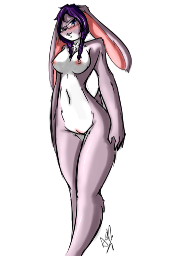 2:3 anthro avante92 blue_eyes blush breasts eyewear female genitals glasses hair hi_res lagomorph leporid mammal nipples purple_hair pussy rabbit solo // 1200x1800 // 603KB