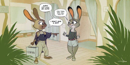 2020 2:1 anthro bag belt bottomwear bracelet buckteeth cheek_tuft choker clothed clothing dialogue dipstick_ears duo english_text facial_tuft fan_character female fitting_room gesture head_tuft hi_res holding_object humor inside jewelry judy_hopps lagomorph laur_hopps_(samur_shalem) leporid mammal multicolored_ears necklace off_shoulder open_mouth open_smile pants pointing profanity rabbit samur_shalem shirt shopping_bag shorts sibling signature sister sisters smile speech_bubble t-shirt tank_top teeth text topwear tuft // 2000x1000 // 3.0MB
