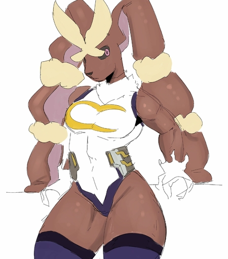 anthro arm_support black_sclera breasts brown_body brown_fur clothed clothing cosplay female front_view fur goonie-san hi_res lagomorph leaning leaning_back legwear leotard leporid looking_aside mammal mega_evolution mega_lopunny miruko my_hero_academia nintendo pink_eyes pokemon pokemon_(species) simple_background sketch skimpy solo thick_thighs thigh_highs video_games white_background // 1805x2053 // 263.2KB