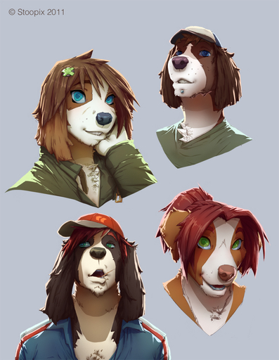 2011 anthro blue_eyes brown_hair bust_portrait canid canine canis clothing domestic_dog female green_eyes hair hat headgear headwear looking_at_viewer mammal portrait red_hair simple_background smile stoopix toothpick // 848x1093 // 476.7KB