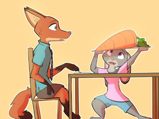2020 anthro bottomwear canid canine carrot chair clothed clothing duo food fox fully_clothed fur furniture gloves_(marking) grey_body grey_fur hi_res holding_carrot holding_food holding_object holding_vegetable inner_ear_fluff judy_hopps lagomorph leg_markings leporid mammal markings nick_wilde open_mouth open_smile orange_body orange_fur plant plate rabbit red_fox shirt shorts simple_background sitting smile socks_(marking) standing t-shirt table topwear tuft vegetable vulpes yellow_background zhanbow // 2367x1772 // 1.1MB