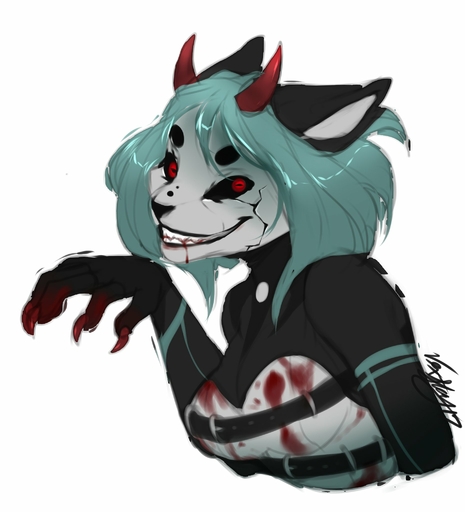 anthro blood bodily_fluids breasts demon felid female hair hi_res horn hybrid looking_at_viewer mammal simple_background sketch smile solo teeth vexstacy white_background // 1858x2048 // 203KB