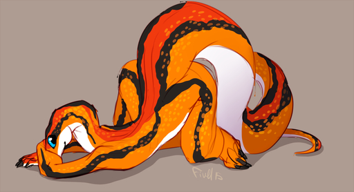 2015 all_fours ambiguous_gender anthro arched_back ass_up biped blue_eyes brown_background colubrid digital_media_(artwork) fivel hex_(fivel) lampropeltini lying nude on_front orange_body orange_skin rat_snake red_bamboo_snake reptile scalie shy simple_background small_waist smile snake solo wide_hips // 1280x695 // 300.8KB