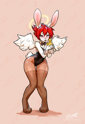 2021 4_toes 5_fingers anthro breasts bunny_costume clothed clothing costume digital_media_(artwork) dragonfu feathered_wings feathers feet female fingers hair hi_res lagomorph leporid mammal pigeon_toed rabbit red_eyes red_hair small_breasts smile standing toes wide_hips wings // 900x1316 // 394.6KB