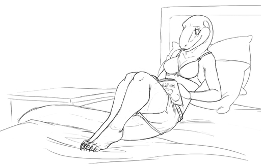 anthro bed book boxers_(clothing) bra breasts claws clothing conditional_dnp female furniture hindpaw jenny_(slither) komodo_dragon lizard monitor_lizard monochrome non-mammal_breasts paws pillow reading reclining reptile scalie sefeiren sketch solo underwear // 1033x659 // 150.5KB