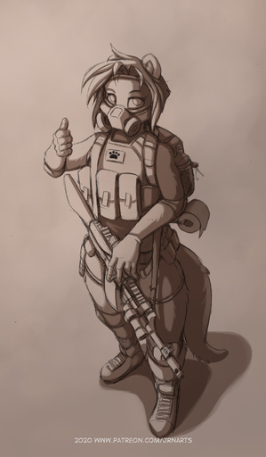anthro backpack bottle bottomwear clothing conditional_dnp female gas_mask gesture gun hi_res jay_naylor knee_pads lutrine mammal mask military mustelid pouches ranged_weapon red_(jay_naylor) shorts sketch solo thumbs_up toilet_paper weapon // 1239x2124 // 503.9KB