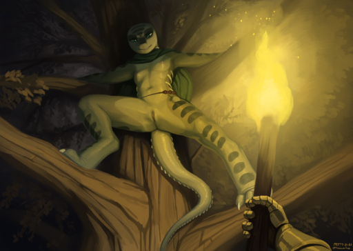 absurd_res against_natural_surface against_surface against_tree anthro breasts cape clothing female genitals hi_res hiding lizard night plant pussy reptile scalie small_breasts solo the-minuscule-task torch tree // 4980x3545 // 9.1MB
