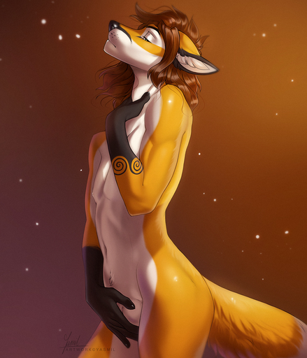 2019 5_fingers anthro black_nose brown_hair canid canine fingers fox hair male mammal nude pinup pose red_fox solo standing vulpes warm_colors yasmil // 1000x1167 // 1.4MB