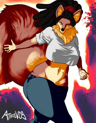 5_fingers athosvds big_breasts big_butt big_tail breasts brown_body brown_fur butt chest_tuft clothing crop_top crop_top_overhang crossed_legs crotch_lines dreadlocks erect_nipples female fingers fluffy fluffy_tail fur green_eyes hair hi_res huge_breasts huge_tail inner_ear_fluff light lighting long_tail looking_at_viewer multicolored_body multicolored_fur navel nipples okabe red_body red_fur shadow shirt signature snout solo standing tan_body tan_fur tied_hair topwear tuft two_tone_body two_tone_fur wide_hips yellow_body yellow_fur // 1644x2097 // 2.0MB