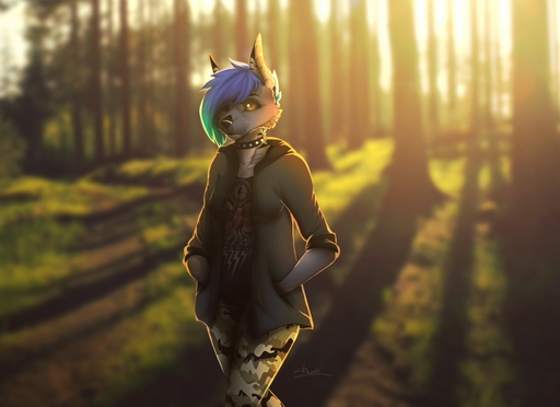 anthro blue_hair breasts canid canine catherinemeow clothed clothing detailed_background female fur green_hair grey_body grey_fur hair hair_over_eye mammal multicolored_hair one_eye_obstructed solo two_tone_hair // 1280x929 // 124KB