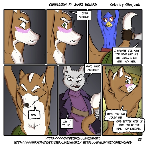 anthro avian beak bird blush bound canid canine clothed clothing comic dialogue digital_media_(artwork) dominant dominant_male english_text falco_lombardi falcon falconid fox fox_mccloud grey_background group hi_res james_howard male malemale mammal otterjunk profanity simple_background submissive submissive_male tail_grab text topless url video_games // 1821x1809 // 1.1MB