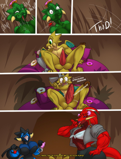anthro ball_gag big_breasts blue_body breasts collar comic dragon female gag green_body hi_res horn huge_breasts male penis rubber scalie sex thebigbadwolf01 whip // 972x1280 // 1.4MB
