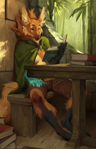 2021 amputee anthro bamboo bench book breasts canid canine cape cassandra_de_luca clothing digitigrade disability female furniture hi_res honovy magic mammal maned_wolf missing_arm neck_tuft sitting solo table tuft under_boob // 1131x1750 // 320.1KB