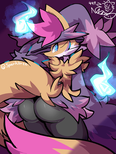 absurd_res anthro black_body braixen butt clothing female fire hat headgear headwear hi_res hybrid looking_at_viewer mismagius nyaswitchnya pokemon_(species) rear_view solo video_games // 1800x2400 // 235.8KB