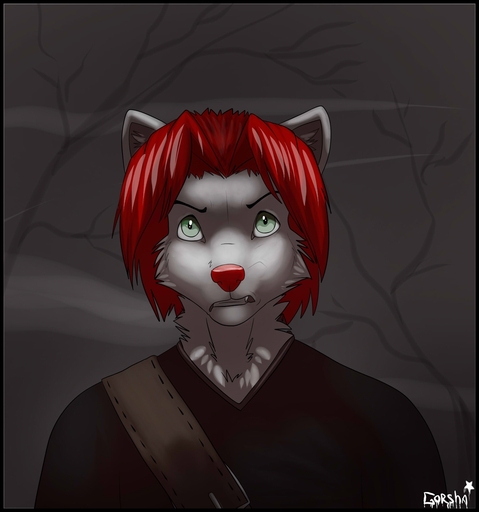 anthro black_border border canid canine canis clothed clothing cloudy dark database_error_(twokinds) fog fur gorsha_pendragon green_eyes grey_body grey_fur hair keidran male mammal outside plant red_hair red_nose serious_face shirt short_hair solo straps teeth topwear tree twokinds watermark webcomic webcomic_character white_body white_fur wolf // 1087x1163 // 342.5KB