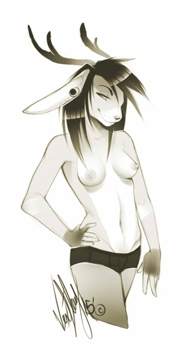 2015 anthro antlers bottomwear breasts clothed clothing ear_piercing female hair hi_res horn jackalope lagomorph mammal nipples piercing shorts simple_background smile solo topless vexstacy white_background yellow_eyes // 667x1280 // 85.4KB