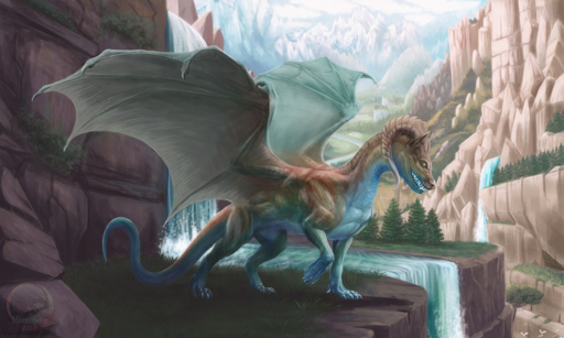 2018 amazing_background ambiguous_gender archspirigvit claws day detailed_background digital_media_(artwork) dragon feral full-length_portrait grass hi_res horn membrane_(anatomy) membranous_wings outside plant portrait scalie solo tree waterfall western_dragon wings // 1666x1000 // 1.9MB