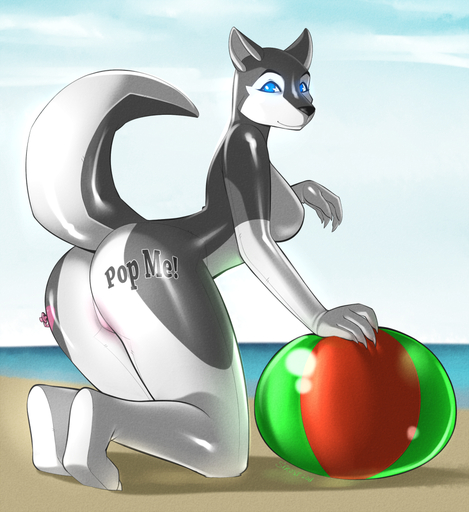 2011 animate_inanimate anthro ball beach beach_ball biped blue_eyes breasts butt canid canine canis cloud detailed_background domestic_dog english_text female husky inflatable kneeling living_inflatable mammal nordic_sled_dog nozzle outside pool_toy sand seaside sharps side_boob sky solo spearfrost spitz text water // 824x900 // 766.5KB