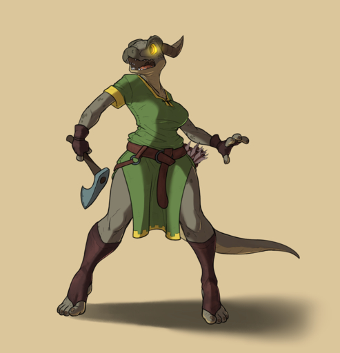 2016 anthro argonian arrow axe battle_axe belt breasts clothed clothing fangs female gloves glowing glowing_eyes handwear hi_res holding_object holding_weapon horn melee_weapon non-mammal_breasts open_mouth orange_eyes quiver reptile scales scalie simple_background siroc solo teeth tunic video_games weapon yellow_sclera // 1504x1562 // 630.3KB