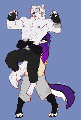 2019 4_toes abs anthro canid canine canis digital_media_(artwork) domestic_dog duo embrace faint feet fur hair hug male mammal nipples purple_hair smile toes white_body white_fur // 671x1000 // 265KB