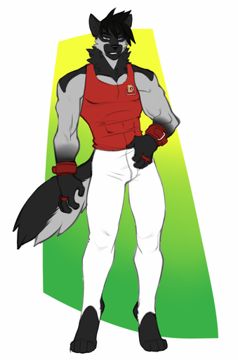 anthro canid canine canis clothing domestic_dog faint looking_at_viewer male mammal muscular muscular_anthro muscular_male smile solo standing teeth tight_clothing // 662x1000 // 199KB