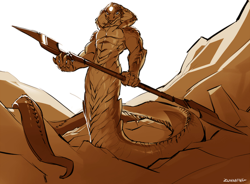 anthro apode draconcopode legless looking_at_viewer male melee_weapon monochrome muscular muscular_anthro muscular_male naga nude pecs polearm reptile scalie serpentine signature simple_background snake solo spear standing tongue tongue_out weapon zummeng // 1000x736 // 442.4KB