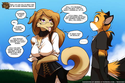 2019 alternate_version_at_source anthro big_breasts black_body black_fur blush bodily_fluids bottomwear breasts brown_body brown_fur canid canine canis chest_tuft cleavage clothed clothing conditional_dnp corset dialogue domestic_dog duo english_text erilas_(twokinds) evals eyewear female fox fur glasses gloves_(marking) hair hi_res in_heat keidran lingerie male mammal markings mike_(twokinds) multicolored_body multicolored_fur orange_body orange_fur outside ponytail purple_eyes seductive skirt sky stare sweat text tom_fischbach tongue tongue_out topwear tuft twokinds url webcomic webcomic_character white_body white_fur // 1936x1280 // 1.6MB