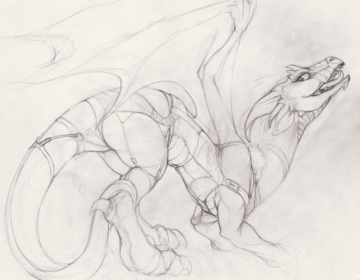 2013 claws clothing digitigrade dragon ecmajor female feral garter_straps greyscale legwear lingerie membrane_(anatomy) membranous_wings monochrome open_mouth panties scalie seductive side_view sketch smile solo stockings traditional_media_(artwork) underwear wings // 1323x1032 // 511KB