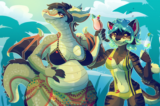 2016 <3 anthro belly beverage big_belly big_breasts black_body black_fur blue_hair blue_horn bra breasts brown_body brown_eyes brown_fur brown_hair claws clothed clothing cup curvy_figure day digital_media_(artwork) dragon duo english_text felid female fivel food fur green_body green_scales hair horn mammal membrane_(anatomy) membranous_wings navel one-piece_swimsuit outside palm_tree plant red_body red_claws red_eyes red_scales scales scalie signature skimpy sky slightly_chubby swimwear text tree underwear voluptuous white_body white_fur white_scales wings yellow_sclera // 1280x853 // 1.7MB