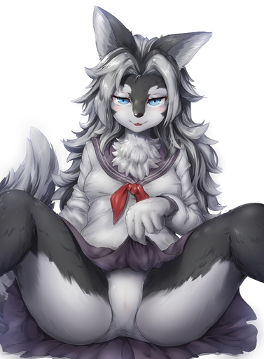 2021 5_fingers anthro bedroom_eyes black_body black_fur blue_eyes bottomwear breasts camel_toe canid canine canis chest_tuft clothed clothing clothing_lift female fingers fluffy fluffy_tail fur hair healingpit hi_res inner_ear_fluff kemono long_hair looking_at_viewer mammal medium_breasts multicolored_body multicolored_fur narrowed_eyes panties presenting school_uniform seductive shirt simple_background sitting skirt skirt_lift snout solo spread_legs spreading topwear tuft two_tone_body two_tone_fur underwear uniform white_background white_body white_fur wolf // 1220x1658 // 1.2MB