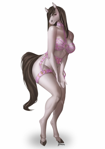 2021 absurd_res anthro belt breasts bremonqueen_(artist) brown_eyes brown_hair clothed clothing collar equid equine female fur hair harness hi_res hooves horse mammal pinup pose signature simple_background skimpy solo standing straps white_background white_body white_fur // 2480x3508 // 263.5KB